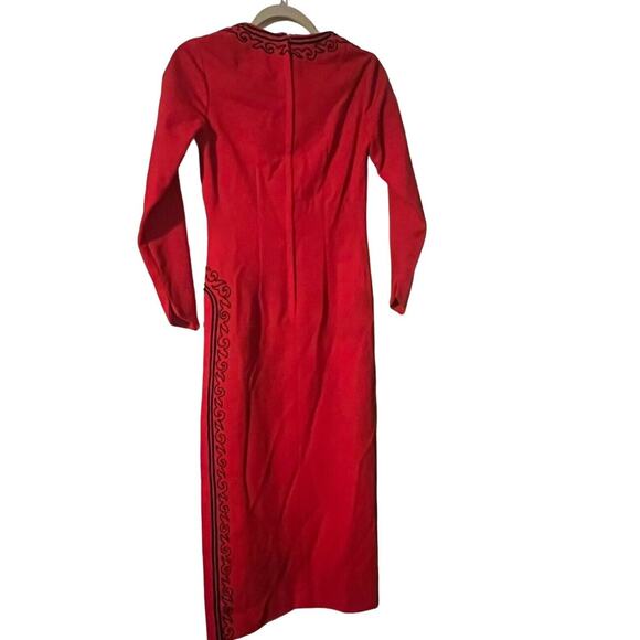 Claralura Original Red Formal Dress Gown Long Sleeve Embroidered Vintage 1970's - Picture 5 of 6